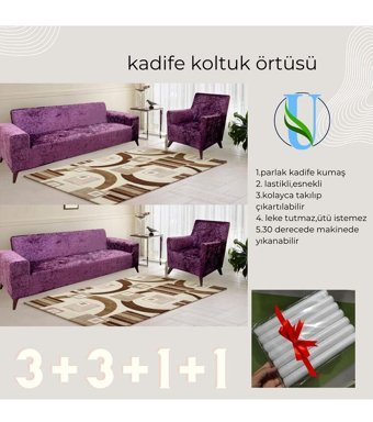 Uy Style Tekstil Kadife Süngerli Armürlü Giydirmeli Mor Dörtlü Koltuk Örtüsü 180x230 cm