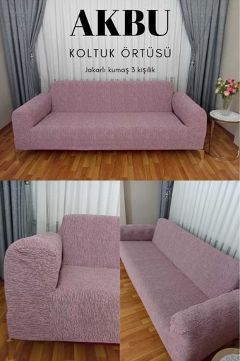 Akbu Polyester Süngersiz Çubuk Desenli Giydirmeli Lastikli Pembe Tekli Koltuk Örtüsü 180x230 cm