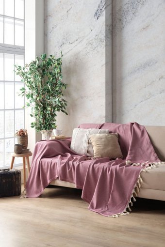 Miracolo Home Pamuklu Püsküllü Süngersiz Çizgili Pembe Tekli Koltuk Örtüsü 170x230 cm