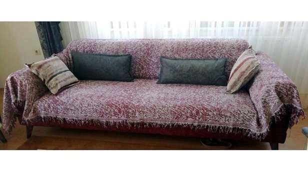Mandaş Pamuklu Saçaklı Süngersiz Geometrik Desenli Bordo Tekli Koltuk Örtüsü 170x350 cm