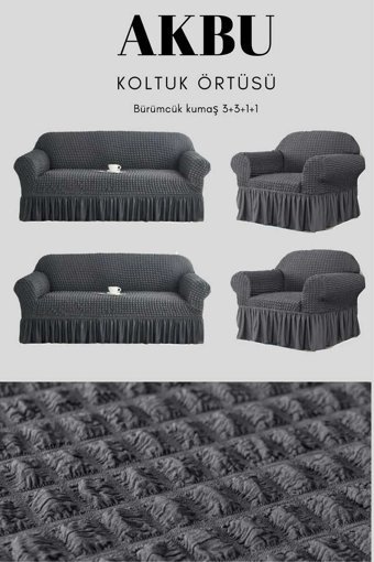 Akbu Pamuklu - Polyester Bürümcük Fırfırlı Süngersiz Giydirmeli Lastikli Siyah Dörtlü Koltuk Örtüsü 183x230 cm