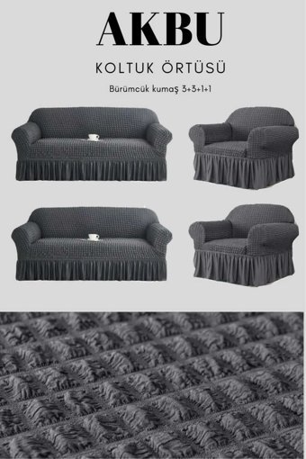 Akbu Pamuklu - Polyester Bürümcük Fırfırlı Süngersiz Giydirmeli Lastikli Siyah Dörtlü Koltuk Örtüsü 183x230 cm