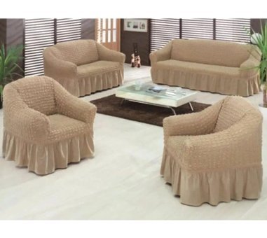 Iydgah Polyester Bürümcük-Likralı Fırfırlı Süngersiz Kapitone Giydirmeli Krem 3-3-1-1 Koltuk Örtüsü 180x230 cm