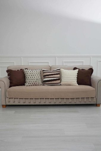 Aisha's Design KO-19 Polyester Örgü Püsküllü Süngersiz Düz Vizon Tekli Koltuk Örtüsü 34x48 cm