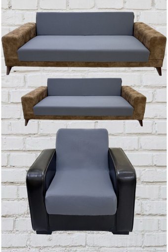 Şahane Ev Mikro Polyester Likralı Jakarlı Süngersiz Düz Giydirmeli Lastikli Gri Üçlü Koltuk Örtüsü 23x83 cm