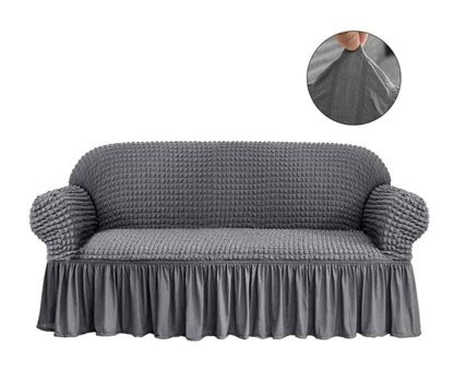 Elgeyar Pamuklu - Polyester Bürümcük Jakarlı Süngersiz Armürlü Giydirmeli Gri Üçlü Koltuk Örtüsü 183x230 cm