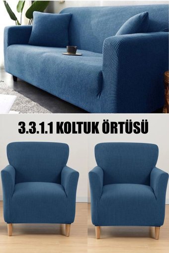 İntil Pamuklu - Polyester Likralı Süngersiz Kareli Giydirmeli Gri 3-3-1-1 Koltuk Örtüsü 180x230 cm