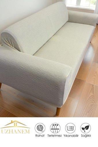 Uzhanem Pamuklu - Polyester Likralı Süngerli Çizgili Giydirmeli Bej Tekli Koltuk Örtüsü 180x230 cm
