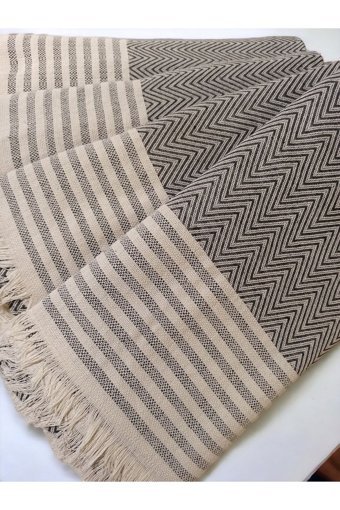 Şener Home Pamuklu Polar Saçaklı Süngersiz Çizgili Gri Tekli Koltuk Örtüsü 170x301 cm