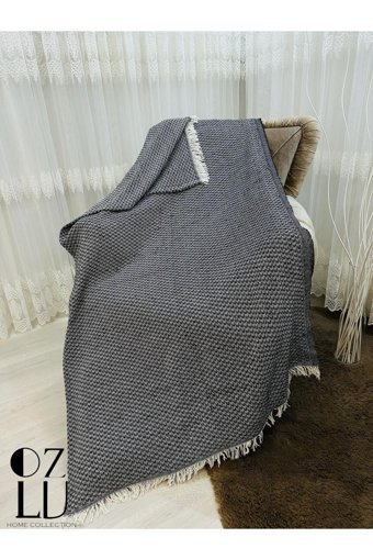 Özlü Home Atlas Pamuklu - Polyester Örgü Saçaklı Süngersiz Çizgili Kaymaz Siyah Tekli Koltuk Örtüsü 170x210 cm