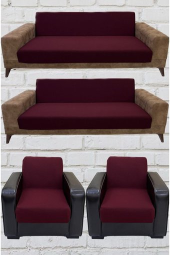 Şahane Ev Mikro Polyester Likralı Jakarlı Süngersiz Düz Giydirmeli Lastikli Bordo Üçlü Koltuk Örtüsü 55x8 cm