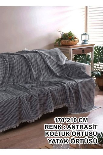 Molisa Home Pamuklu Saçaklı Süngersiz Armürlü Gri Tekli Koltuk Örtüsü 170x210 cm
