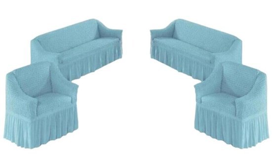 Nera Home Pamuklu - Polyester Bürümcük Fırfırlı Süngersiz Geometrik Desenli Giydirmeli Turkuaz Dörtlü Koltuk Örtüsü 183x230 cm