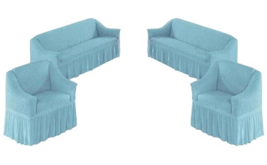 Nera Home Pamuklu - Polyester Bürümcük Fırfırlı Süngersiz Geometrik Desenli Giydirmeli Turkuaz Dörtlü Koltuk Örtüsü 183x230 cm