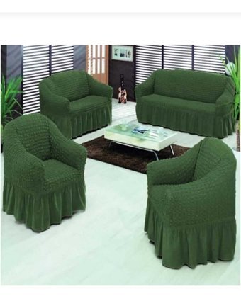 Akbu Pamuklu - Polyester Bürümcük Süngersiz Giydirmeli Lastikli Yeşil Dörtlü Koltuk Örtüsü 183x230 cm