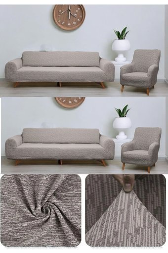 Seltenet Likralı Jakarlı Süngersiz Çizgili Giydirmeli Su Geçirmez Kahverengi Dörtlü Koltuk Örtüsü 180x230 cm