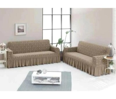 Bright Home Pamuklu - Polyester Fırfırlı Süngersiz Şal Desenli Giydirmeli Lastikli Gri ikili Koltuk Örtüsü 180x230 cm