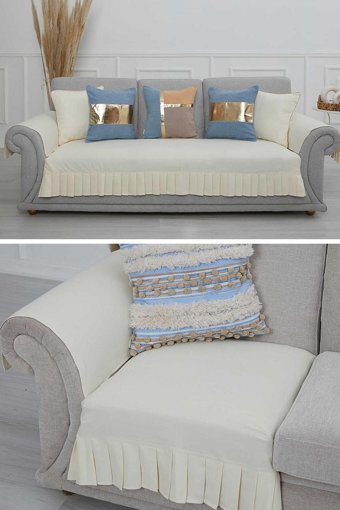 Aisha's Design KTK-6 Polyester Örgü Pileli Süngersiz Düz Ekru Üçlü Koltuk Örtüsü 34x48 cm