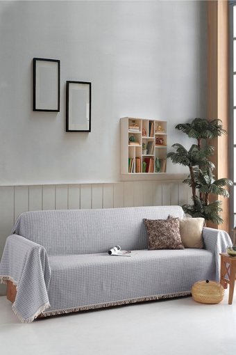 Ladynil Pamuklu Saçaklı Süngersiz Çizgili Mavi Tekli Koltuk Örtüsü 180x320 cm