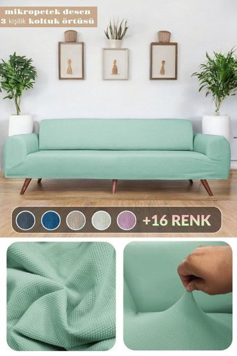 Btf Home Polyester Likralı Jakarlı Süngersiz Armürlü Giydirmeli Lastikli Yeşil Üçlü Koltuk Örtüsü 180x230 cm