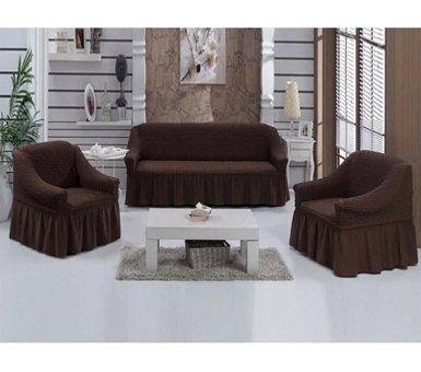 Uytm Pamuklu - Polyester Bürümcük-Likralı Drapeli Süngerli Çizgili Giydirmeli Kahverengi Üçlü Koltuk Örtüsü 80x120 cm