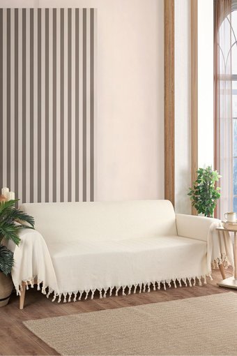 Cotanique Verona 3 Pamuklu Kanvas Püsküllü Süngersiz Armürlü Bej Üçlü Koltuk Örtüsü 180x300 cm