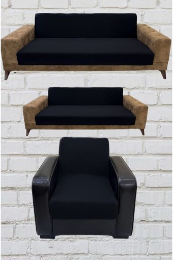 Şahane Ev Mikro Polyester Likralı Jakarlı Süngersiz Düz Giydirmeli Lastikli Siyah Üçlü Koltuk Örtüsü 23x83 cm