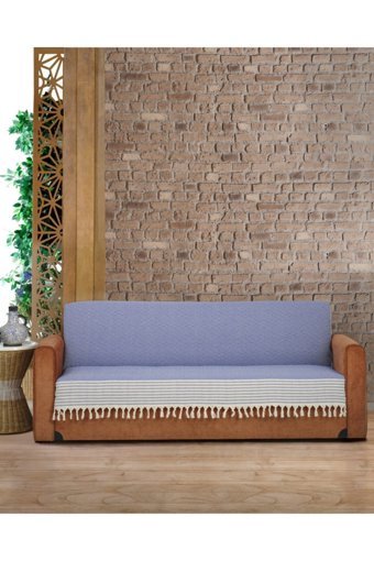 Genç Uludağ Pamuklu Püsküllü Süngersiz Çizgili Mavi Tekli Koltuk Örtüsü 180x220 cm
