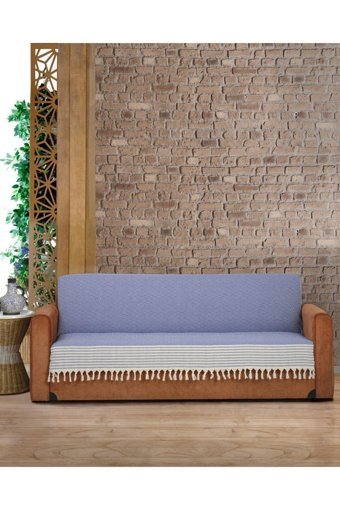 Genç Uludağ Pamuklu Püsküllü Süngersiz Çizgili Mavi Tekli Koltuk Örtüsü 180x220 cm