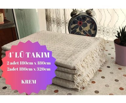 A.Z.H. Windores Pamuklu - Polyester Süngersiz Armürlü Krem Dörtlü Koltuk Örtüsü 180x320 cm