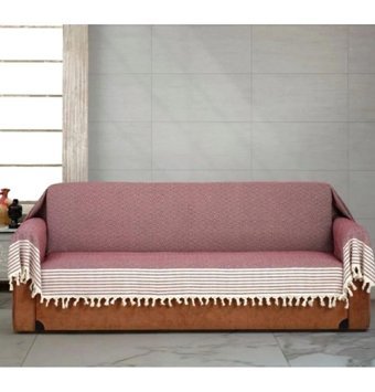 Nasır Home Pamuklu Püsküllü Süngersiz Düz Bordo Dörtlü Koltuk Örtüsü 180x300 cm