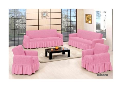 Armağan Pamuklu - Polyester Bürümcük Fırfırlı Süngersiz Giydirmeli Lastikli Pembe Dörtlü Koltuk Örtüsü 230x180 cm