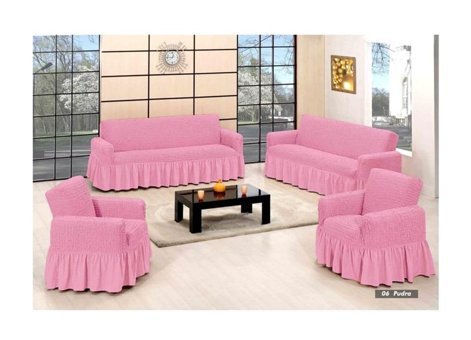 Armağan Pamuklu - Polyester Bürümcük Fırfırlı Süngersiz Giydirmeli Lastikli Pembe Dörtlü Koltuk Örtüsü 230x180 cm