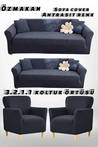 Özmakan Likralı Jakarlı Süngersiz Giydirmeli Gri Dörtlü Koltuk Örtüsü 180x230 cm