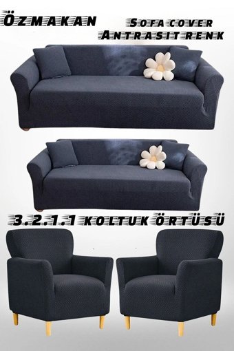Özmakan Likralı Jakarlı Süngersiz Giydirmeli Gri Dörtlü Koltuk Örtüsü 180x230 cm
