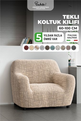 Paulato Mikrofiber Likralı Jakarlı Süngersiz Çizgili Giydirmeli Bej Tekli Koltuk Örtüsü 60x110 cm