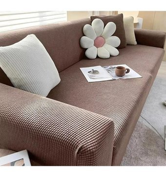 Hanemce Pamuklu - Polyester Süngersiz Kareli Giydirmeli Kahverengi Üçlü Koltuk Örtüsü 180x230 cm