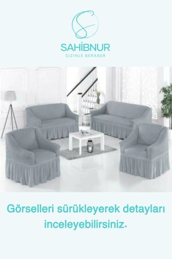 Sahibnur Pamuklu - Polyester Bürümcük Jakarlı Süngersiz Geometrik Desenli Giydirmeli Gri Dörtlü Koltuk Örtüsü 180x230 cm