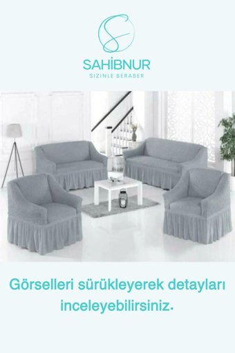 Sahibnur Pamuklu - Polyester Bürümcük Jakarlı Süngersiz Geometrik Desenli Giydirmeli Gri Dörtlü Koltuk Örtüsü 180x230 cm