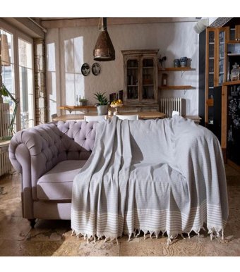 Miracolo Home Pamuklu Püsküllü Süngersiz Geometrik Desenli Gri Tekli Koltuk Örtüsü 180x215 cm