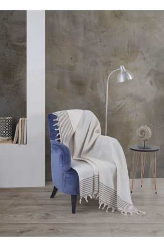 Lux Touch Bergama Pamuklu Püsküllü Süngersiz Geometrik Desenli Ekru Tekli Koltuk Örtüsü 150x180 cm