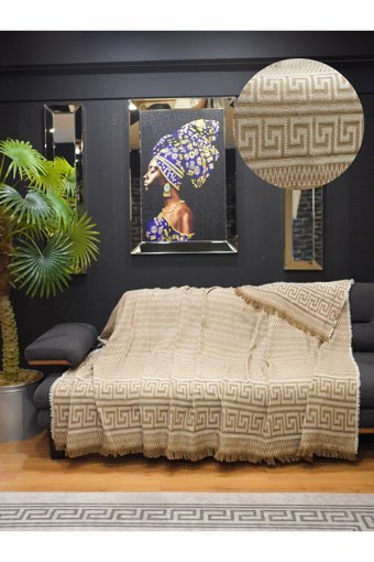 Star Home Collections Pamuklu Polar Saçaklı Süngersiz Geometrik Desenli Kahverengi Tekli Koltuk Örtüsü 170x220 cm