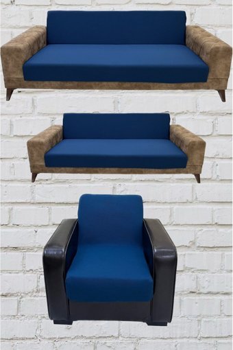 Şahane Ev Mikro Polyester Likralı Jakarlı Süngersiz Düz Giydirmeli Lastikli Mavi Üçlü Koltuk Örtüsü 23x83 cm