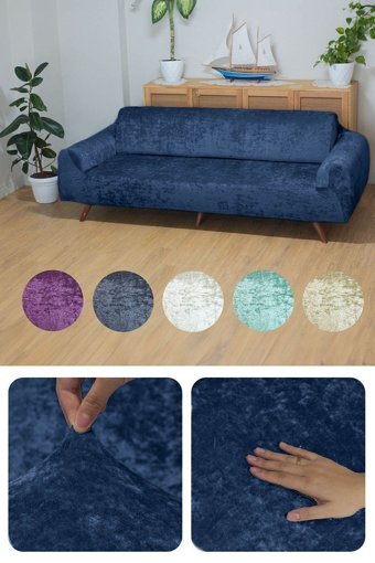 Faiend Kadife Süngersiz Düz Giydirmeli Lacivert Üçlü Koltuk Örtüsü 80x120 cm