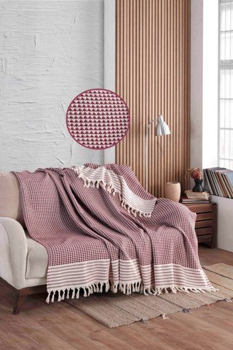 Ladynil Pamuklu Saçaklı Süngersiz Çizgili Bordo Tekli Koltuk Örtüsü 180x215 cm
