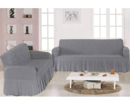 Gerbera Home Collection Pamuklu - Polyester Bürümcük Fırfırlı Süngersiz Kapitone Giydirmeli Gri İkili Koltuk Örtüsü 180x230 cm