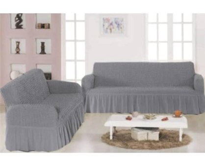 Gerbera Home Collection Pamuklu - Polyester Bürümcük Fırfırlı Süngersiz Kapitone Giydirmeli Gri İkili Koltuk Örtüsü 180x230 cm