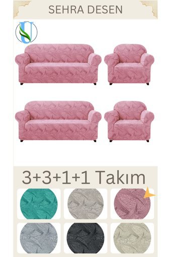 Uy Style Tekstil Likralı Jakarlı Süngerli Armürlü Giydirmeli Pembe Dörtlü Koltuk Örtüsü 180x230 cm