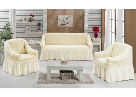 Uytm Pamuklu - Polyester Bürümcük-Likralı Drapeli Süngerli Çizgili Giydirmeli Bej Üçlü Koltuk Örtüsü 80x120 cm