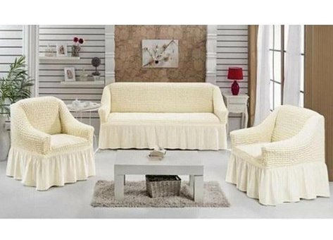 Uytm Pamuklu - Polyester Bürümcük-Likralı Drapeli Süngerli Çizgili Giydirmeli Bej Üçlü Koltuk Örtüsü 80x120 cm